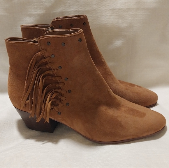 Sam Edelman Shoes - Sam Edelman Rudie Tan Suede Fringed Studded Side Zip Western Ankle Bootie NWOB